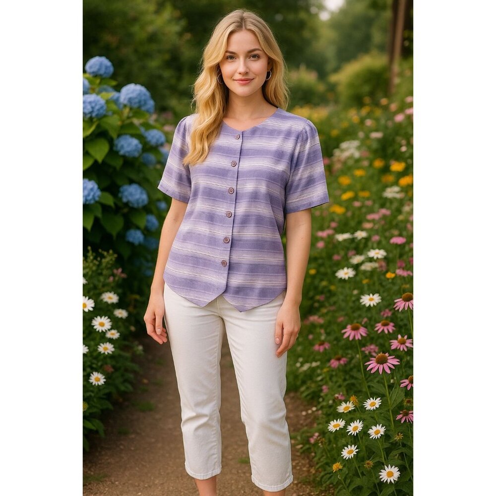 Alfred Dunner Size 16 Lavender Stripe Button Blouse Cottagecore Soft Grunge Rayo